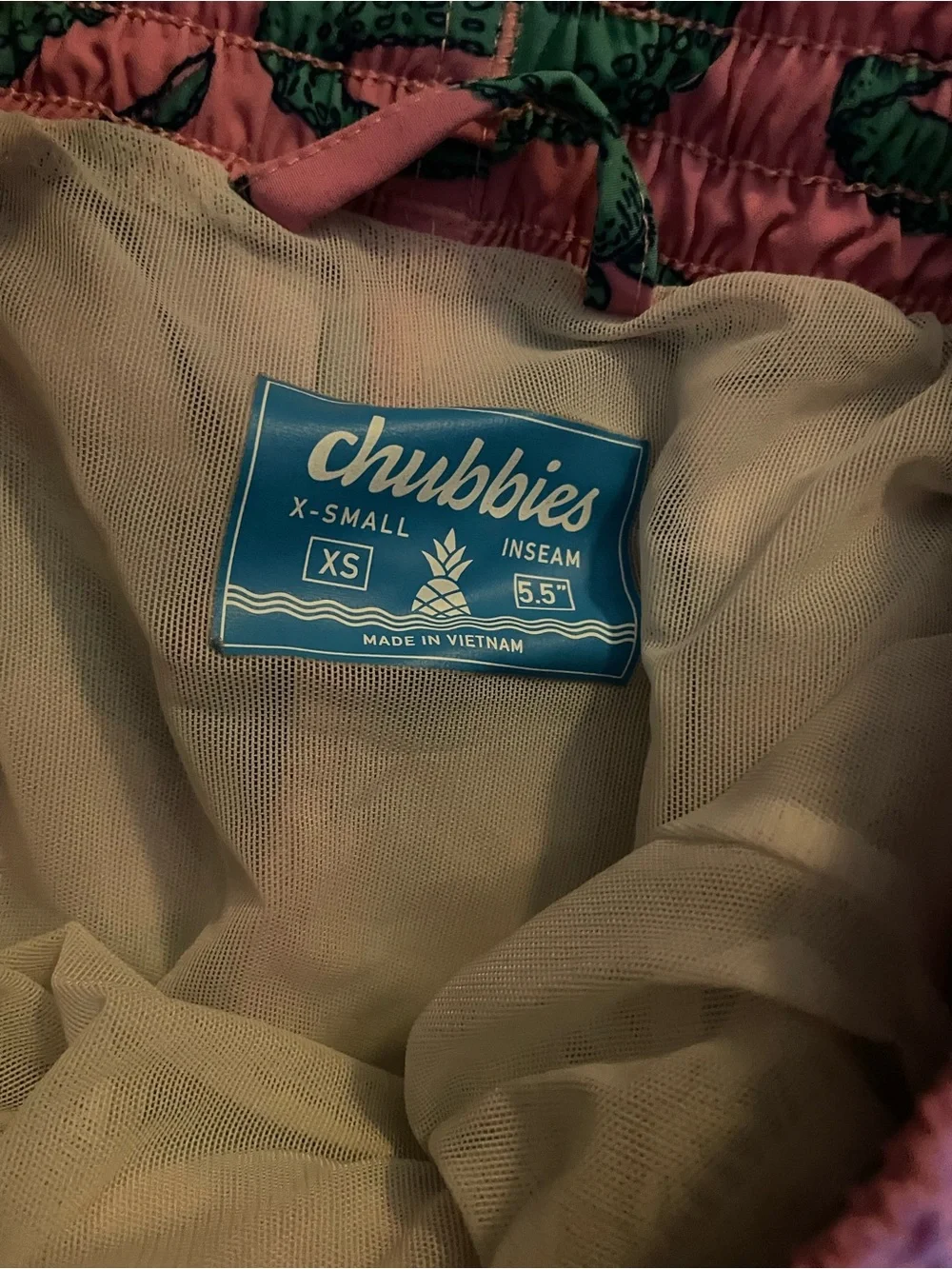 chubbies Pink Swim Trunks with Teal Alligator Print 5.5”